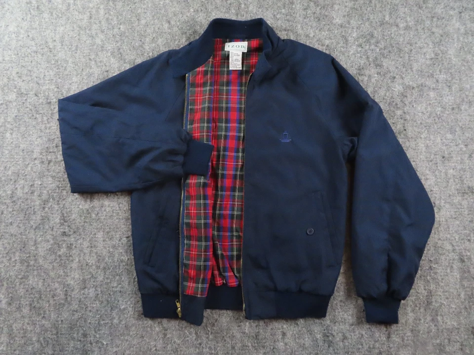 复古 Izod 夹克男式小号蓝色格子法兰绒衬里经典轰炸机外套 90 年代 — 第 1/4 张图片