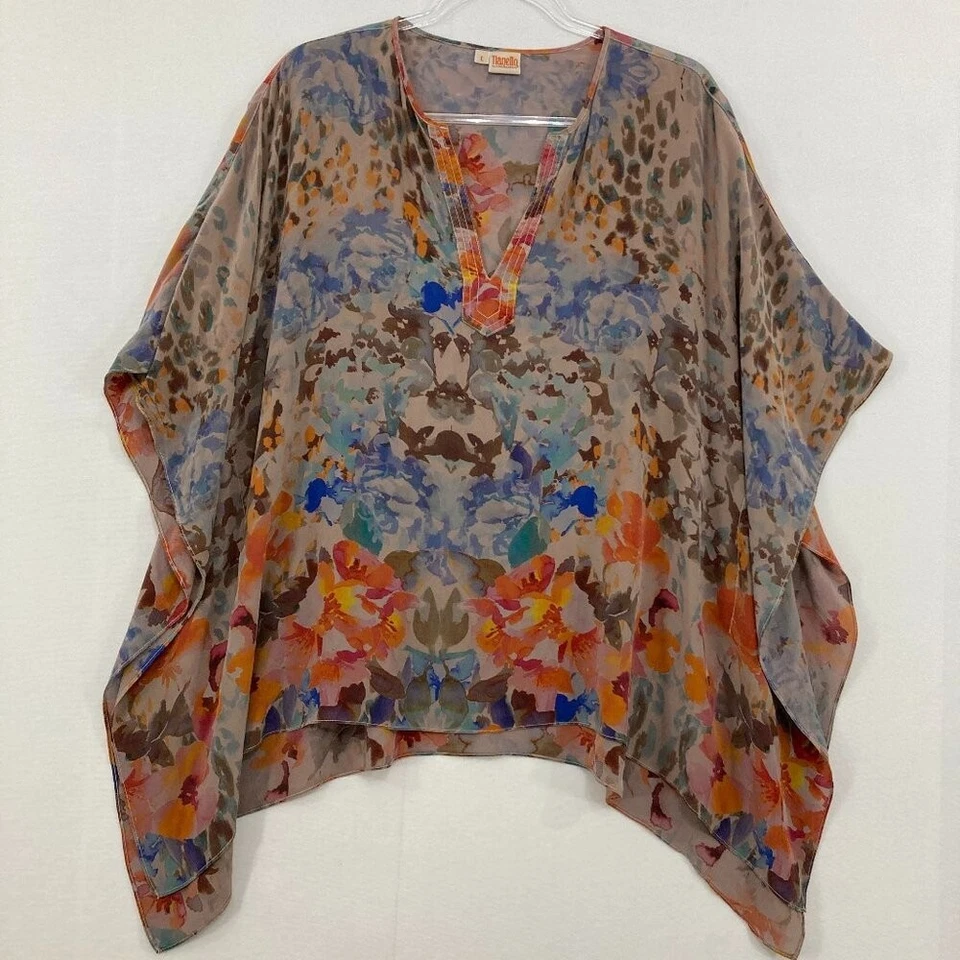 Tianello Large Floral Abstract Split Neck Soft Flowy Artsy Poncho Kaftan - Image 1 of 4