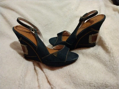 Vintage Guess Denim wedge heels gold charms a size 7 y2k 90s - Image 1 of 3