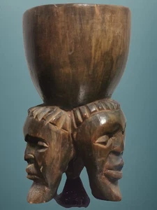 Vintage Wooden Hand Carved African Tripod Ashtray with Three Tribal Faces - Picture 1 of 7