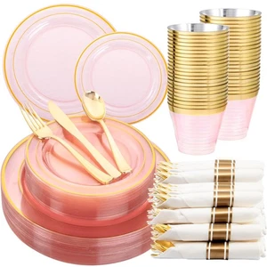 210Pcs Clear-Pink Plastic Dinnerware- Pink and Gold Plastic Dinnerware includ... - Picture 1 of 7