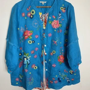 John Mark Womens M Colorful Linen Embroidered Blue Blouse 3/4 Length Sleeves - Picture 1 of 10