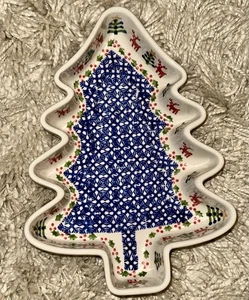 Polish Pottery Manufaktura Boleslawiec Christmas Tree Candy Dish Reindeer 9.5" - Picture 1 of 4