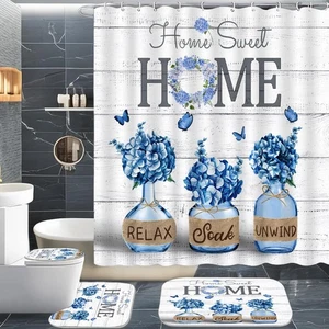 4 Stück Blau Hortensie Duschvorhang Sets, Home Sweet Badezimmer Set mit Dusche... - Bild 1 von 8