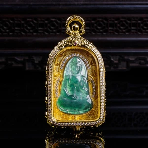 Certified Natural Burma A-grade jade Guanyin inlaid gold-plated pendant - Picture 1 of 12