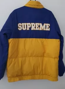 FW14 Supreme reversible Puffy Jacket yellow blue XL duck down puffer Vintage - Picture 1 of 22