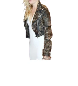 Schwarze Leder-Bikerjacke Damen Motorräder mit Spikes und Splitternieten - Bild 1 von 3