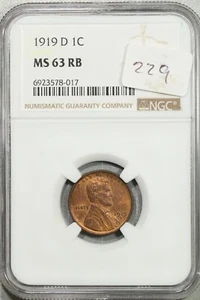 1919 D Lincoln Wheat Cent 1c NGC MS 63 RB Uncirculated #8-017 - Picture 1 of 2