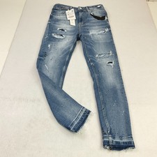 Zara Mens Distressed Skinny Jeans Blue Zip Stretch Splatter Print Size 30 NEW