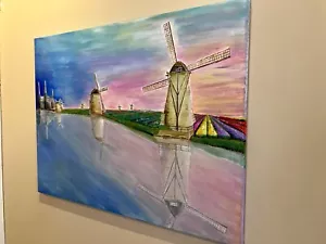 "Dutch Windmills" Acrylic Painting SIGNED - Picture 1 of 8