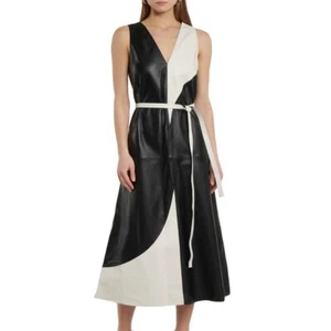 Women's Real Leather Long Dress ColorBlock Women Leather Gown Black And White - Picture 1 of 6