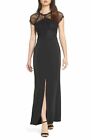 HARLYN BLACK LACE SHEER EMBROIDERED CAP SLEEVE FRONT SLIT DRESS sz XS