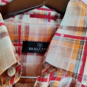 Bugatchi Uomo Linen Men L Orange Plaid Button Down Short Sleeve Coastal Shirt - Picture 1 of 3