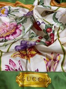 GUCCI Flora Silk Scarf Green Floral & Fruit Print Square 33.4in - Picture 1 of 21