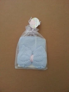 TINY TREASURES NEWBORN BABY BEANIE BLUE & WHITE W/PINK BOW ~ TINY HAT CAP - Picture 1 of 2