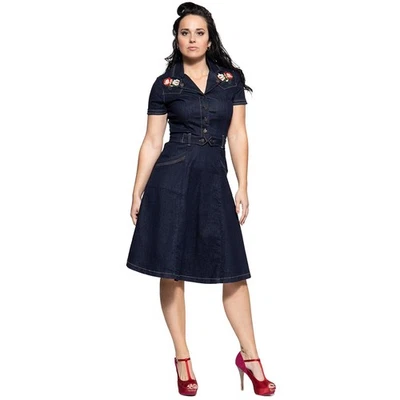 Queen Kerosene Rockabilly Vintage Denim Swing Dress - Coloured Flowers - Image 1 of 4