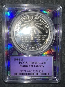 1986-P $1 PCGS Cert PR69DCAM Statue Of Liberty Purple Hologram Core Deep Cameo! - Picture 1 of 2