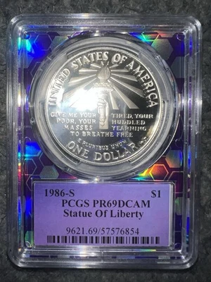 1986-P $1 PCGS Cert PR69DCAM Statue Of Liberty Purple Hologram Core Deep Cameo! - Image 1 of 2