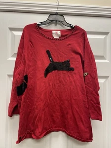 Quacker Factory 3X Red Cat Sweater Sequin & Fabric Appliqué Pit 30 30L Light Eu - Picture 1 of 12