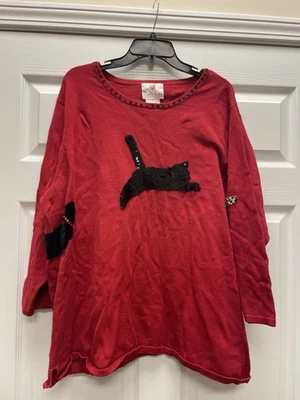 Quacker Factory 3X Red Cat Sweater Sequin & Fabric Appliqué  Pit 30 30L Light Eu - Image 1 of 4