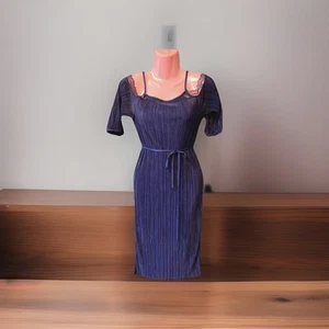 Ladies Topshop Navy Sateen Plisse Dress Cold Shoulder Tie Waist Size 6 Ex Cond - Picture 1 of 10