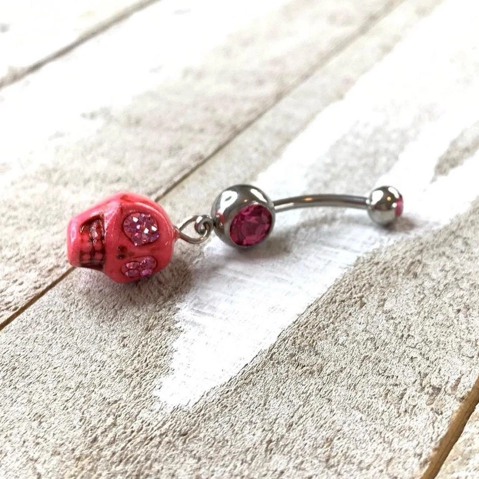 Gema Rosa Calavera Colgante Ombligo Anillo Ombligo Calibre 14 Nuevo Acero Quirúrgico Foto 1 de 1