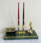 Gold Vintage Golfer Marble Desk Perpetual Calender W Pen Stand Made Taiwan Vgc