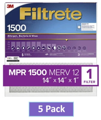 5 - 3M Filtrete 14x14x1 MERV 12 Allergen Reduction HVAC Furnace Filters MPR 1500 - Image 1 of 4