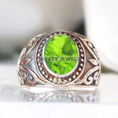 Piedras preciosas de corte ovalado de peridoto con anillo de plata de ley 925 para hombre #A477 Foto 1 de 4