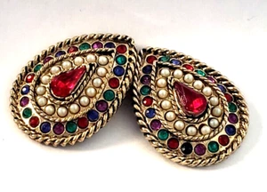 Vtg 1980 Clip On Earrings Gold-tones Rhinestone Multicolor Brilliant colors  @PK - Picture 1 of 9