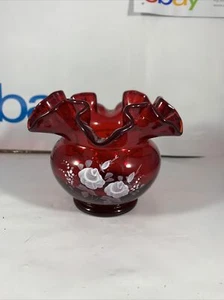 Fenton RUBY RED Double Crimped Pattern Glass Hand Painted Signed ROSE BOWL Rare - Picture 1 of 8
