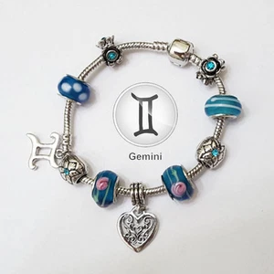 Brazalete Dije Corazón Estrás Azul Murano Plata Zodiaco Plata - Imagen 1 de 1