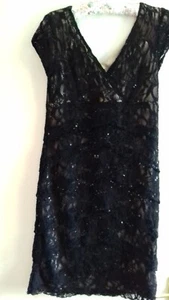 BLACK lace overlay nude SHIFT Dress SIZE UK 14 USA 10 SCARLETT NITE - Picture 1 of 6