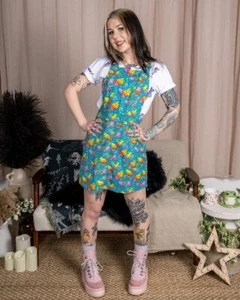 RUN AND FLY Rainbow Dinosaurs Print Dungaree Pinafore Dress 8-26 Cute Alt - Picture 1 of 4