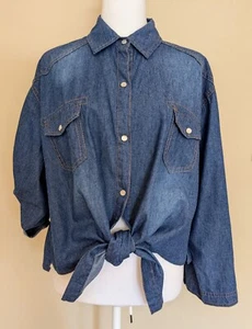Omoone Women's 3/4 Sleeve Denim Crop Top Tie Knot Shirt Cardigan (Dark Blue)-NWT - Picture 1 of 16