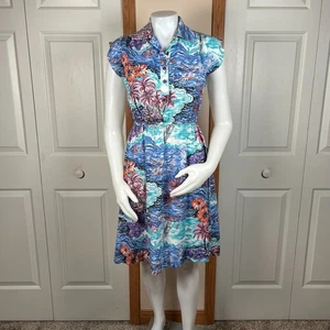 Vintage Hawaiian Tropical Palm Trees Midi Dress Size Medium Collared Sleeveless - Picture 1 of 7