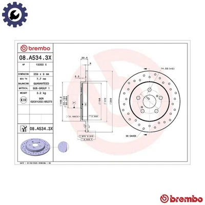 2x BRAKE DISC 08.A534.3X FOR LEXUS TOYOTA SUBARU 2ZR/5ZR-FXE 1.8L 4cyl CT 1.3L - Image 1 of 4