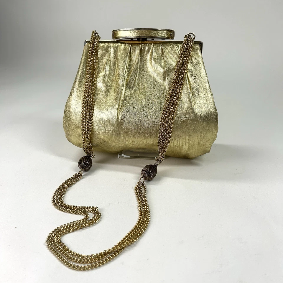 Bolso de Noche Vintage Ande Años 40/60 Dorado Satinado Cartera Cadena Dorada Mango #A43 Foto 1 de 4