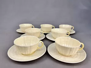 7 Belleek Pottery NEPTUNE Yellow 2" Flat Cup & Saucer Sets 6th Green Mk: MINT - Picture 1 of 16