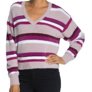 Splendid Medium Fuzzy Dolam Sweater V-neck Lilac Burgundy Pink Striped - Picture 1 of 5