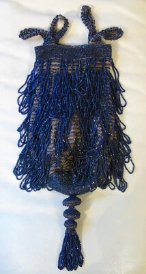 Antique Tan Crochet Cobalt Blue Bead Long Fringe 3 Ball Tassel Flapper Purse - Image 1 of 4
