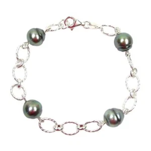 Brazalete de eslabones retorcidos de plata de ley de 9-10 mm de perlas negras de Tahití de 7,5" u 8,5" - Imagen 1 de 2