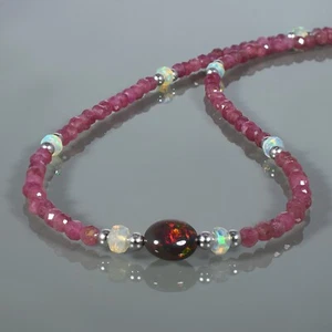 Natural Rainbow Fire Opal & Pink Tourmaline Handmade Beaded Chain Women Necklace - Picture 1 of 6
