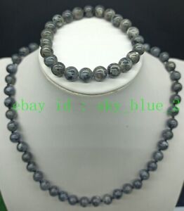 New Black 8mm Labradorite Round Gemstone Bead Necklace Bracelet Set 18/7.5"