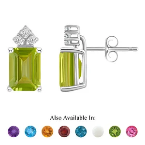 14K White Gold 8x6mm Emerald Cut Natural Peridot 1/10 CTW Diamond Stud Earrings - Picture 1 of 4