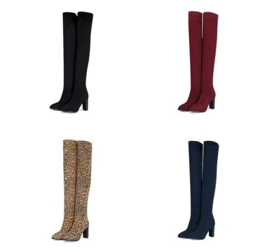 Ladies Shoes Stretchy Fabric High Block Heel Over Knee Slouch Boots AU Size b241 - image 1 of 3