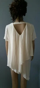 Lisa Rinna Collection Top V-Neck Tee w/ Chiffon Back Ivory Short Sleeve SzS Bl.4 - Picture 1 of 8