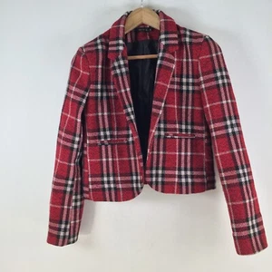 Barkins womens pea coat blazer size 10 red tartan contrast plaid tweed 108807 - Picture 1 of 8