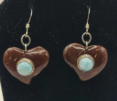 Sterling Silver Polished Coconut Shell Hearts Amazonite Cabachon 3/4" Earrings  - Image 1 of 4