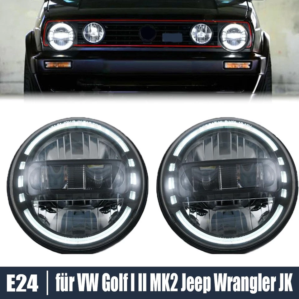 Schwarz E24 LED Scheinwerfer Plug&Play für VW Golf I II MK2 Jeep Wrangler JK - Bild 1 von 4